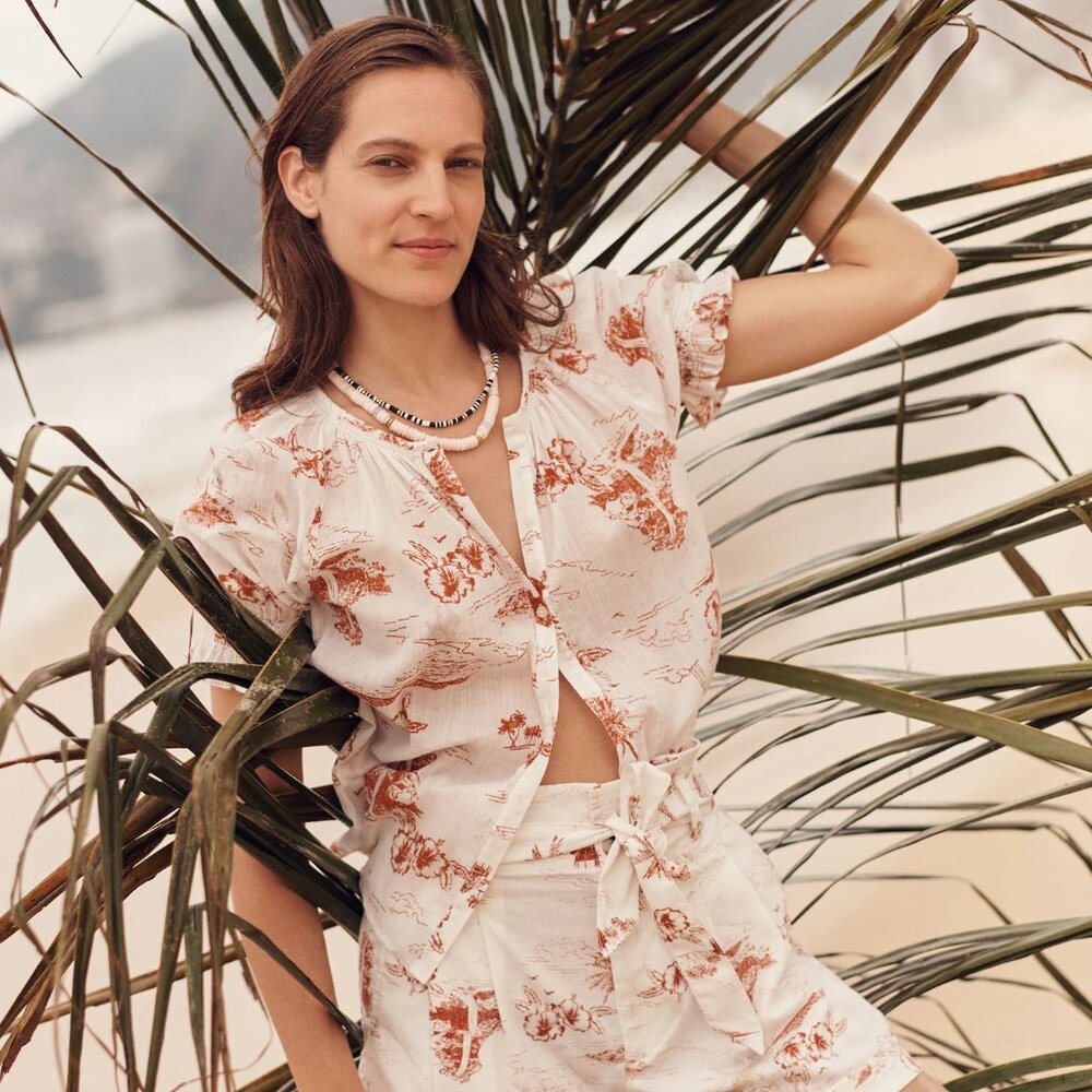 Madewell Smocked Button Down Top in Paradise Voile Size Small Short Sleeve‎